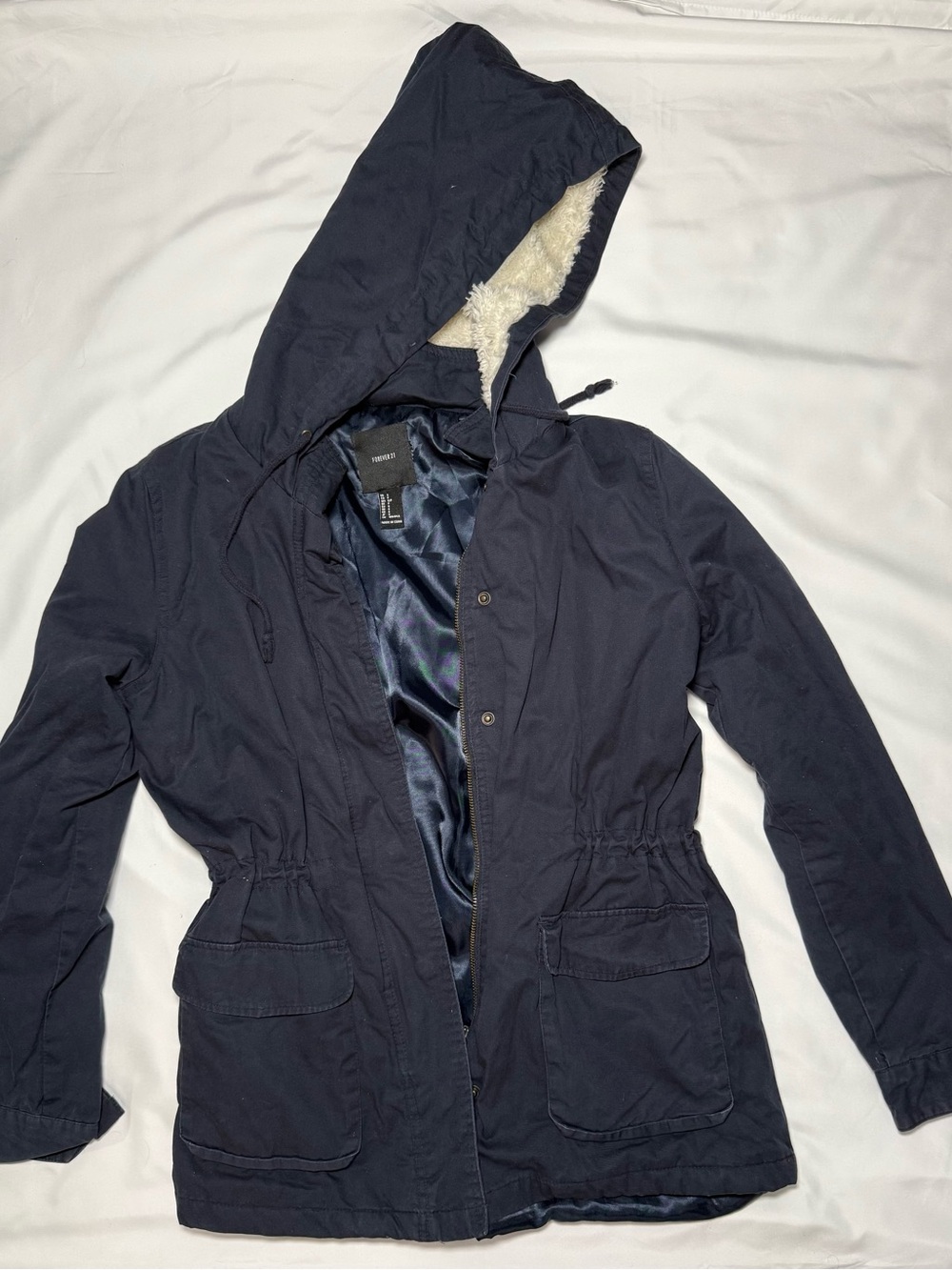 Forever 21 Navy Hooded Jacket with Faux-Fur Trim